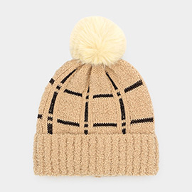 Plaid Check Patterned Pom Pom Beanie Hat