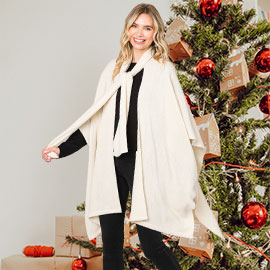 Attached Scarf Solid Cape Poncho with Neckline Tie