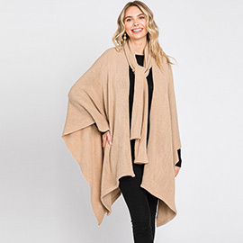 Attached Scarf Solid Cape Poncho with Neckline Tie