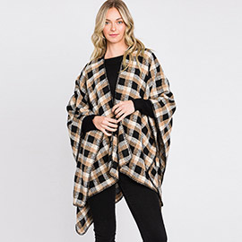 Plaid Check Patterned Ruana Poncho