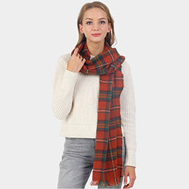 Plaid Check Patterned Fringe Oblong Scarf