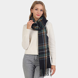 Plaid Check Patterned Fringe Oblong Scarf