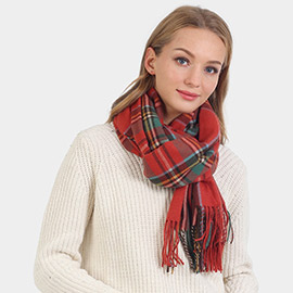 Plaid Check Patterned Fringe Oblong Scarf