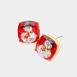 Confetti Glittered Snowman Cushion Square Stud Earrings