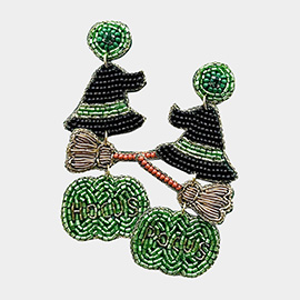 Hocus Pocus Message Felt Back Beaded Witch Hat Broom Pumpkin Link Dangle Earrings