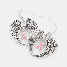 Enamel Pink Ribbon Pointed Angel Wings Dangle Earrings