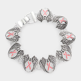 Enamel Pink Ribbon Pointed Angel Wings Link Magnetic Bracelet