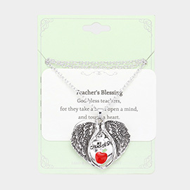 Teacher's Blessing No.1 Teacher Message Enamel Apple Pointed Angel Wings Pendant Necklace