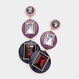 Geometric Round Rectangle Stone Accented Link Dangle Earrings