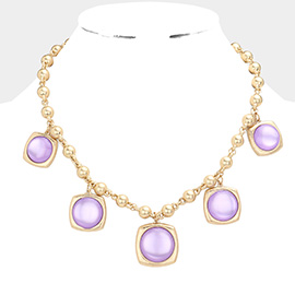 Round Stone Centered Metal Square Pendant Station Necklace