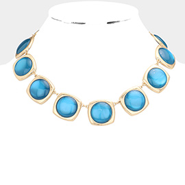 Round Stone Centered Metal Square Link Necklace