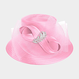 Rhinestone Embellished Feather Accented Mesh Bow Dressy Hat