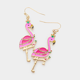 Enamel Metal Flamingo Cocktail Dangle Earrings
