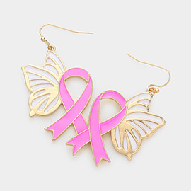 Enamel Metal Pink Ribbon Butterfly Dangle Earrings
