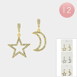 12Pairs - Rhinestone Embellished Star Crescent Moon Dangle Earrings