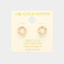 14K Gold Dipped CZ Embellished Open Circle Stud Earrings