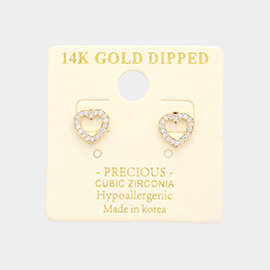 14K Gold Dipped CZ Embellished Open Heart Stud Earrings