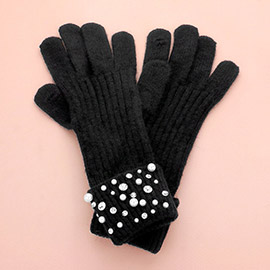 Pearl Stone Embellished Knit Gloves