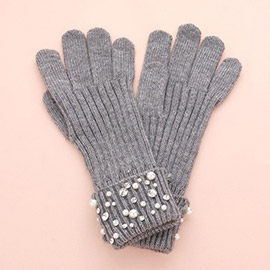 Pearl Stone Embellished Knit Gloves