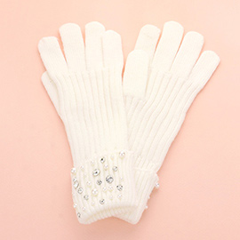 Pearl Stone Embellished Knit Gloves