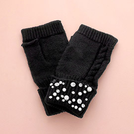 Pearl Stone Embellished Knit Fingerless Gloves