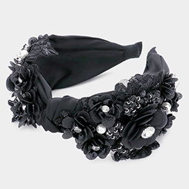 Pearl Stone Embellished Flower Cluster Knot Burnout Headband