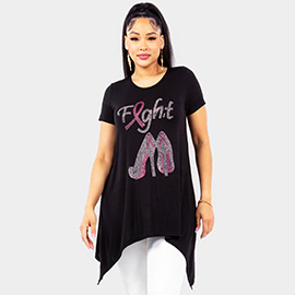 Bling Fight Message Pink Ribbon Stiletto Heel Pointed Graphic Printed Half Sleeves Top