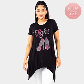 Bling Fight Message Pink Ribbon Stiletto Heel Pointed Graphic Printed Half Sleeves Top