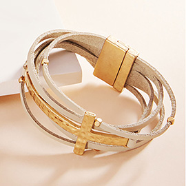 Metal Cross Accented Faux Leather Magnetic Bracelet