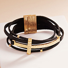 Metal Cross Accented Faux Leather Magnetic Bracelet