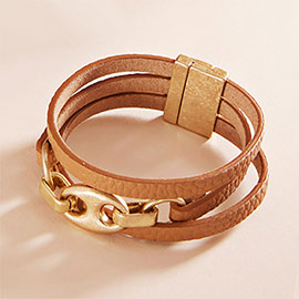 Abstract Metal Mariner Pointed Faux Leather Magnetic Bracelet