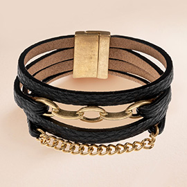 Open Metal Oval Link Faux Leather Magnetic Bracelet