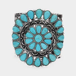 Natural Stone Embellished Squash Blossom Cuff Bracelet