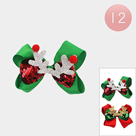 12PCS - Christmas Rudolph Bow Snap Alligator Hair Clips