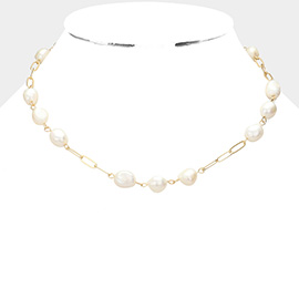 Pearl Open Metal Oval Link Necklace