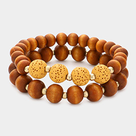 2PCS - Wood Ball Lava Rock Stretch Bracelets