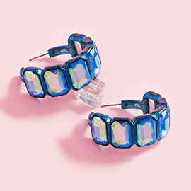 Emerald Cut Stone Cluster Hoop Earrings