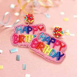 Felt Back Seed Beaded Happy Birthday Message Dangle Earrings