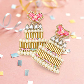 Felt Back Pearl Multi Beaded Bow Cake Dangle Earrings