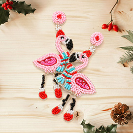 Felt Back Seed Beaded Santa Hat Flamingo Dangle Earrings