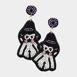 Felt Back Seed Beaded Witch Hat Ghost Dangle Earrings