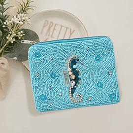 Seahorse Stone Seed Beaded Mini Pouch Bag