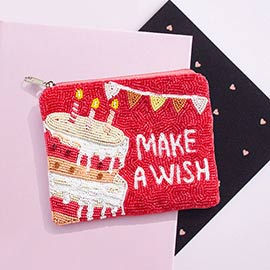 Make a Wish Message Sequin Seed Beaded Birthday Cake Mini Pouch Bag