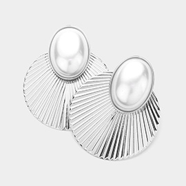 Oval Pearl Accented Lined Metal Earrings