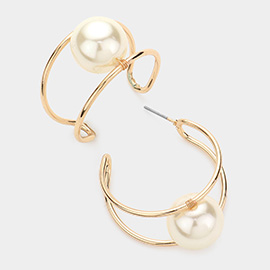 Pearl Accented Open Metal Hoop Earrings