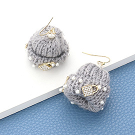 Pearl Key Lock Embellished Knit Beanie Hat Dangle Earrings
