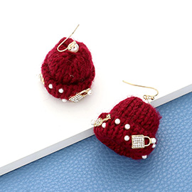 Pearl Key Lock Embellished Knit Beanie Hat Dangle Earrings