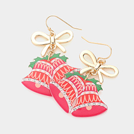 Metal Bow Rhinestone Embellished Jingle Bell Link Dangle Earrings