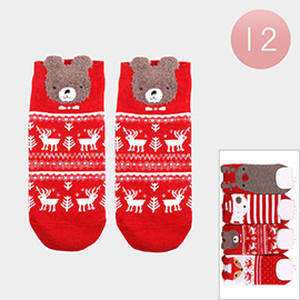 12Pairs - Rudolph Santa Hat Dog Fox Bear Printed Socks