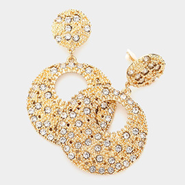 Stone Embellished Open Metal Circle Link Dangle Clip on Earrings